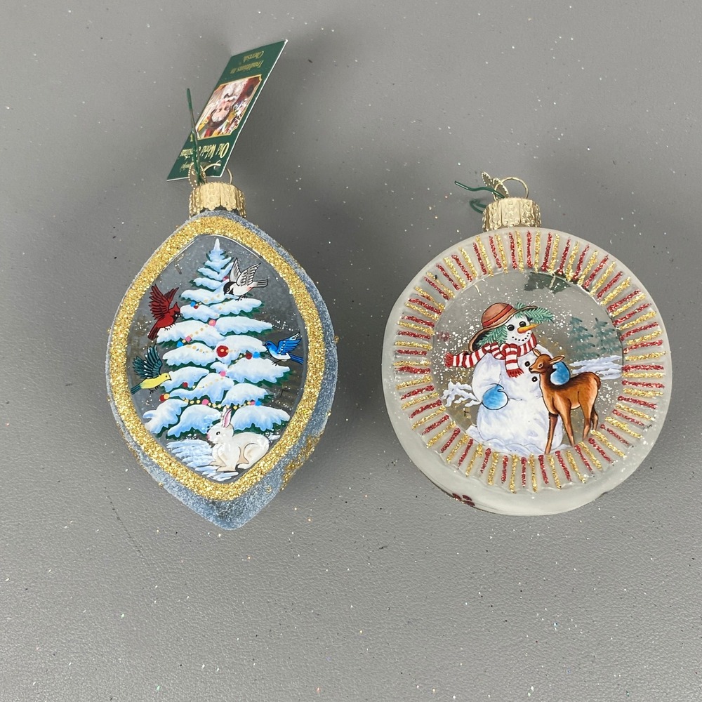 Old World Christmas Inside Art Glass Holiday Ornaments Snowman & Tree W/ Animals